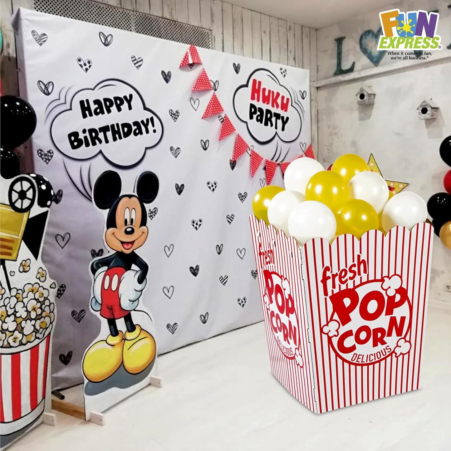 Fun Express Giant Popcorn Box Prop 3D Cardboard Stand-Up - Movie Night Decorations for Theater Party | Red & White Striped Design with Balloons | 37" Tall Movie Theme Party Supplies
