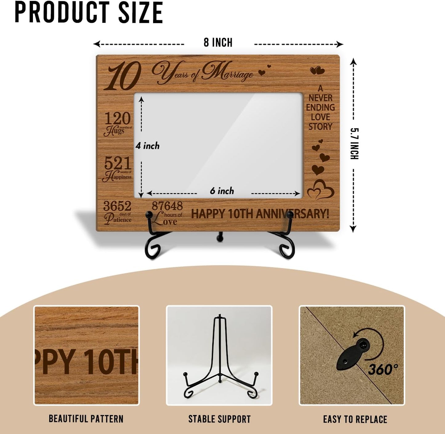 10 Years of Marriage Picture Frame, 10th Anniversary Wedding Valentines Gifts For Husband Wife Couple, 4x6 Wooden Picture Frame Tabletop Display Home Decor -04