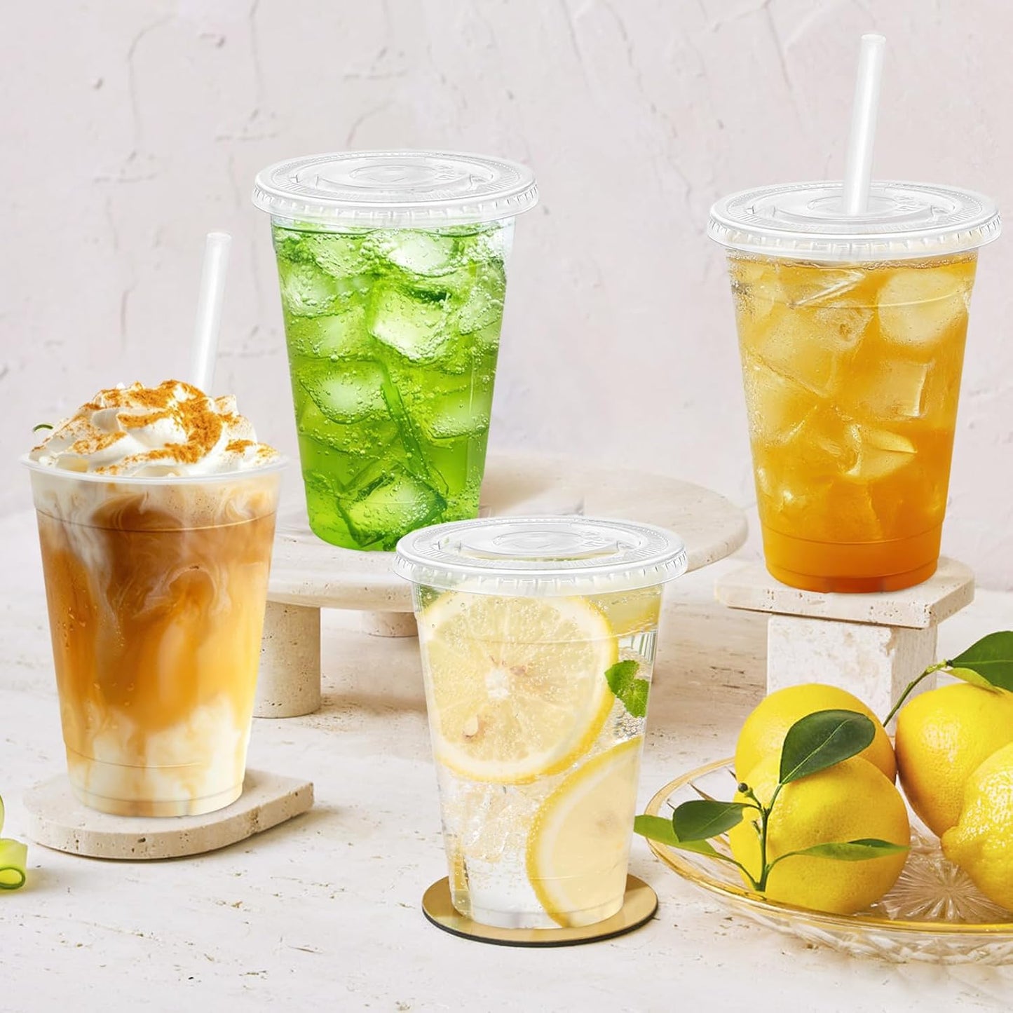 16 oz 100 Pack Plastic Cups with Lids and Straws, Sturdy Food Safe Iced Clear Coffee Cups Disposable Smoothie Cups for Cold Drinks