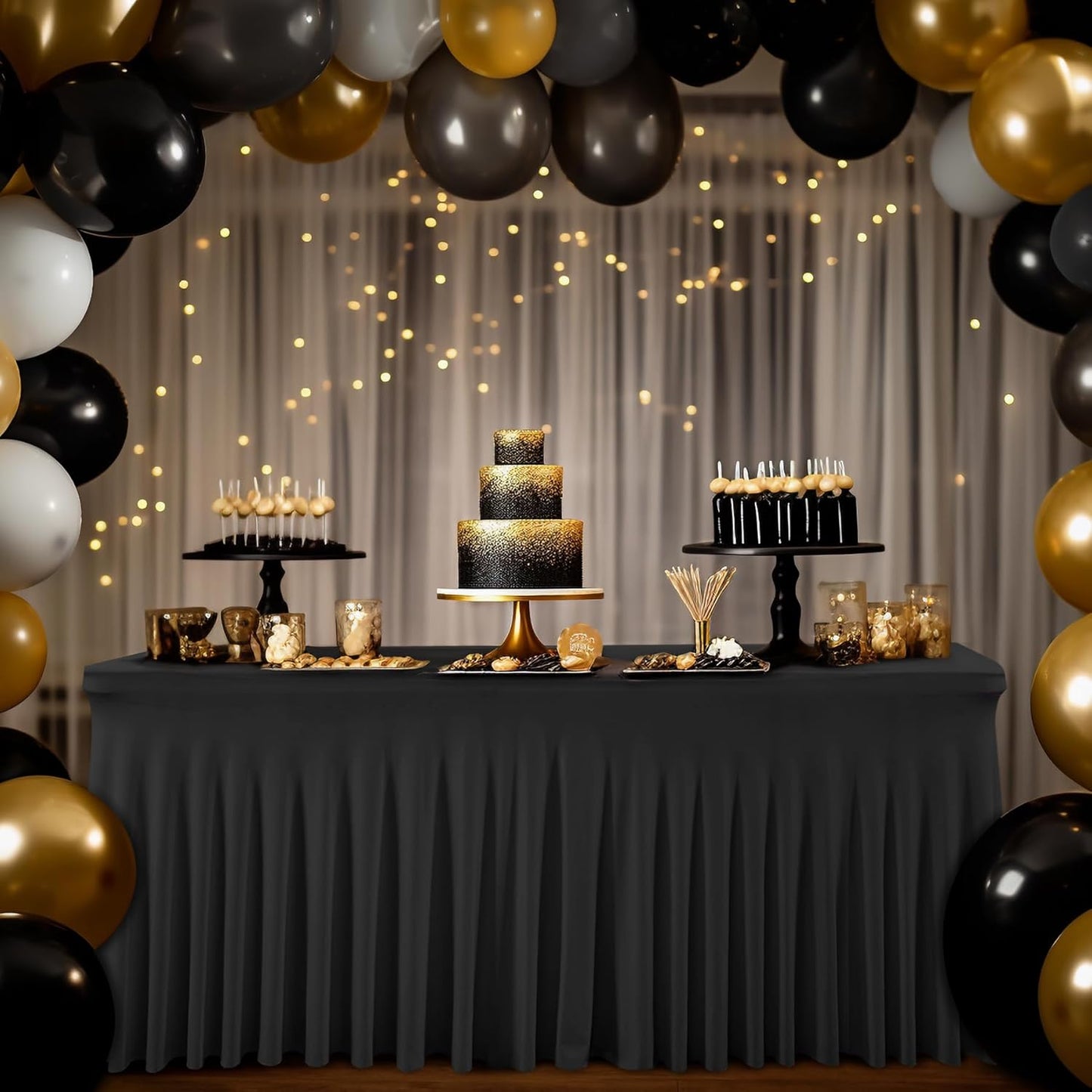 2 Packs Black Table Clothes for 4 Foot Rectangle Tables, One-Piece Wrinkle Resistant Stretch Spandex Table Covers with Skirt for Event Banquet Wedding Birthday Party