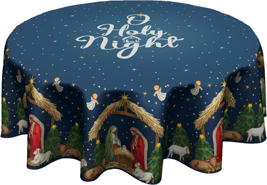 Giwawa 60inch Xmas Decorative Round Tablecloth Blue Holy Night Table Cloth for Kitchen Dining Washable Stain Resistant Polyester Table Cover for Holiday New Year Picnic Indoor Outdoor