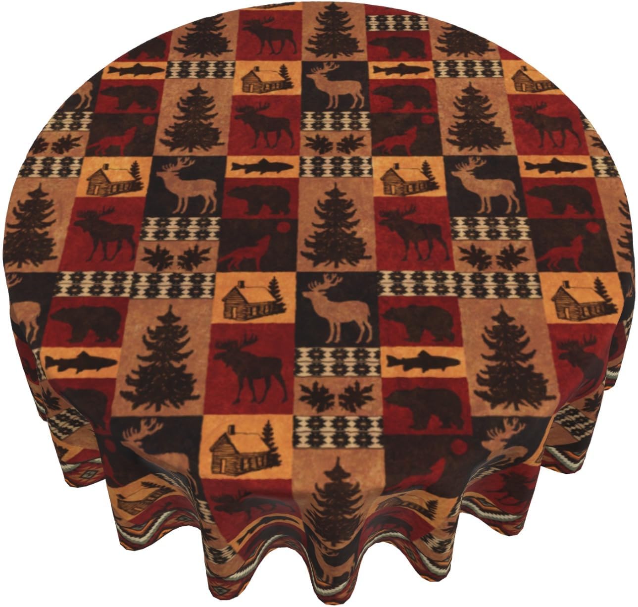 Giwawa Bear Deer Tablecloth Round 60" Rustic Vintage Wildlife Elk Moose Cabin Lodge Forest Animal Tree Farmhouse Country Style Circular Table Cloth Cover for Dining Kitchen Party Picnic Decor