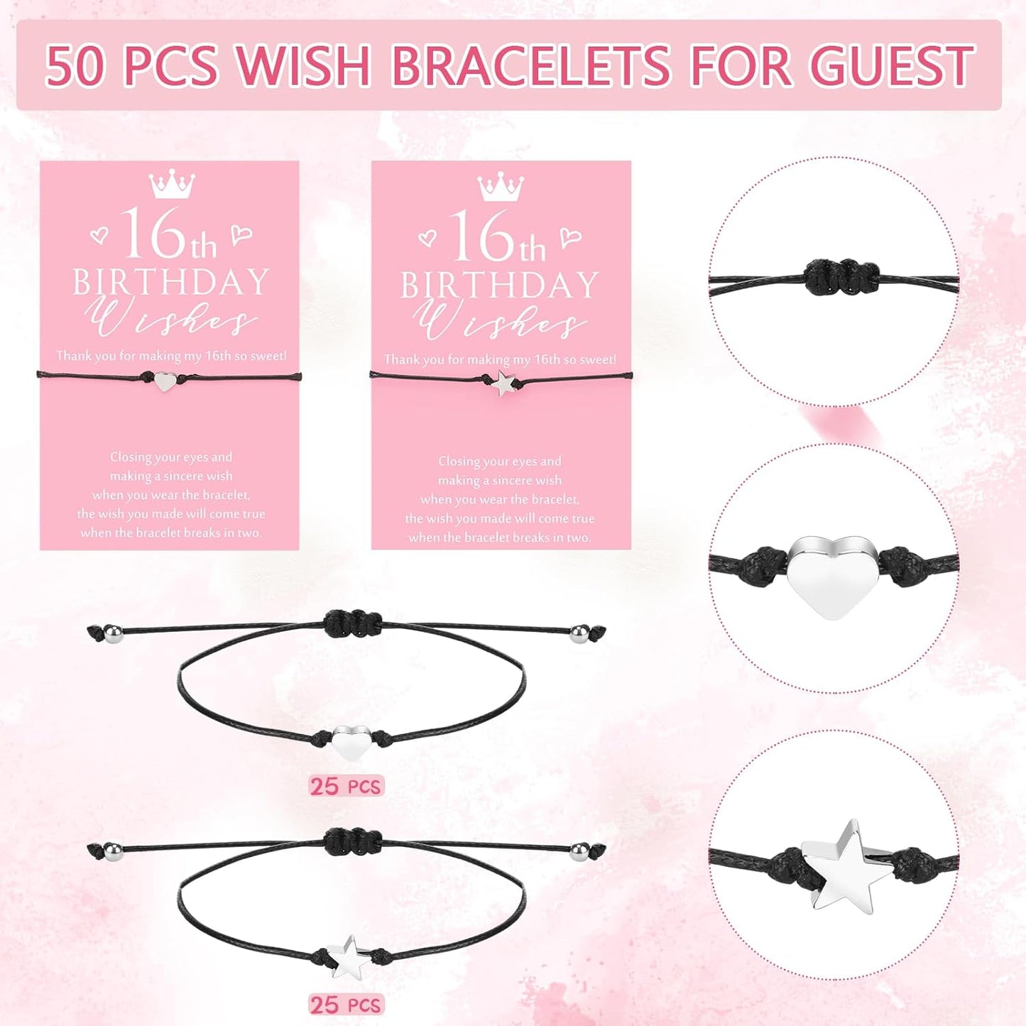 Misdary 25 Set Sweet 16th Birthday Wish Party Favors for Guests Include Adjustable Heart Charm Star Bracelets Gift with Thank You Wish Cards for Birthday Souvenirs Party Supplies Decor