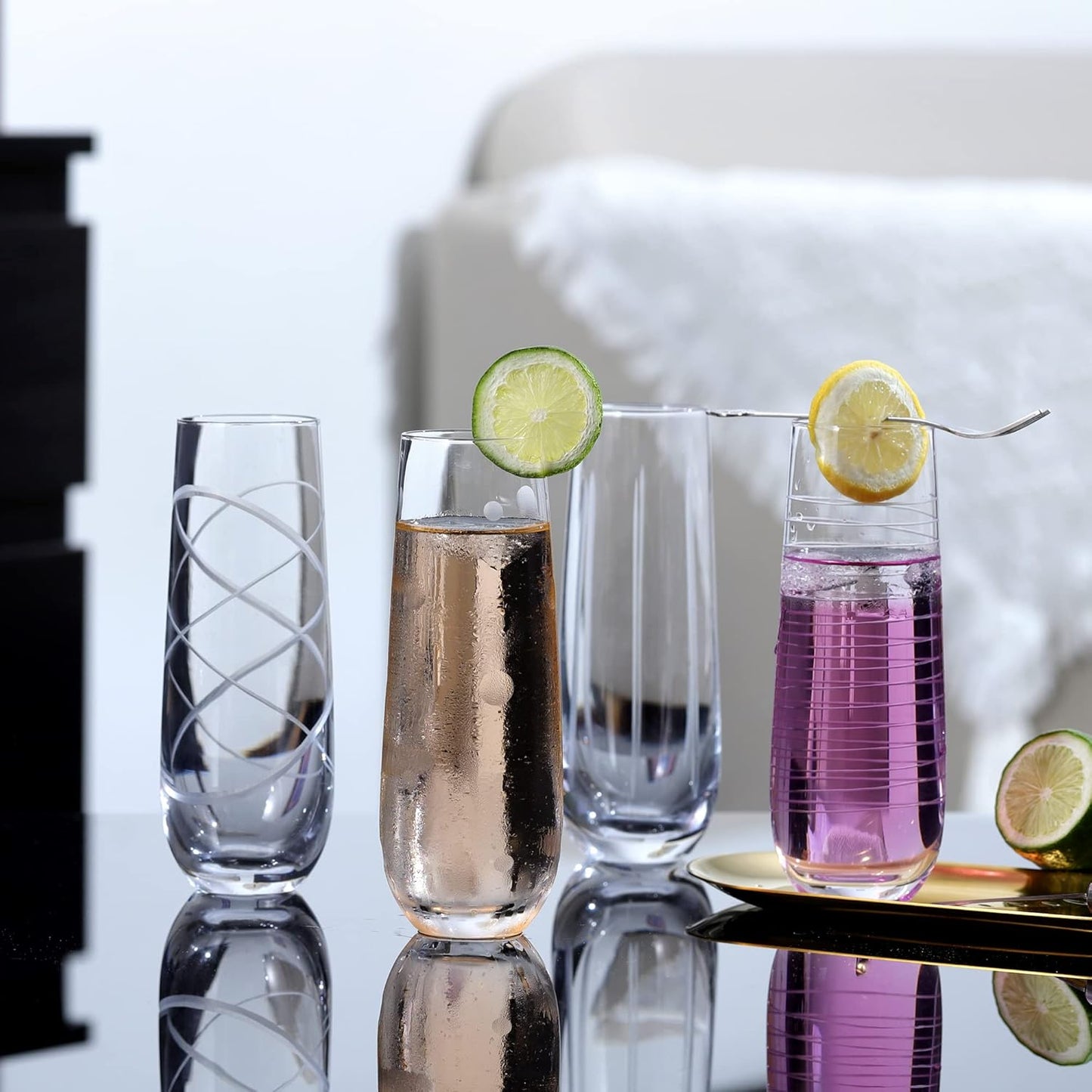 Joeyan Etched Champagne Flutes Glasses Cups,Handmade Mouth Blown Aesthetics Glassware Art Decoration,Home Bar Essentials,Gifts for Wedding Anniversary Daily Use,Set of 4,9.8 oz,Dishwasher Safe