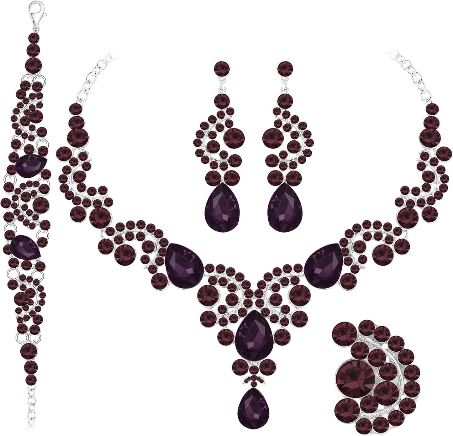 Crystal Bridal Wedding Jewelry Sets for Women Rhinestone Teardrop Crystal Statement Choker Necklace Drop Earrings Link Bracelets Rings Teardrop Jewelry Set for Brides Bridesmaids