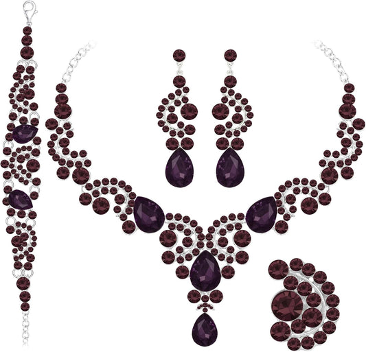 Crystal Bridal Wedding Jewelry Sets for Women Rhinestone Teardrop Crystal Statement Choker Necklace Drop Earrings Link Bracelets Rings Teardrop Jewelry Set for Brides Bridesmaids