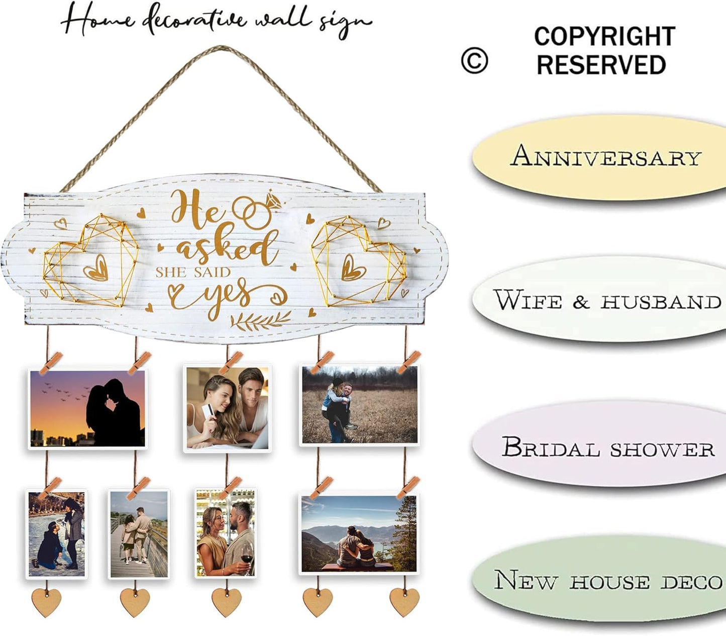 Yudarte Wedding Engagement Gifts for Women Bride to Be - Romantic Wall Picture Organizer with Clips and Twine For Newly Engaged Couples - He Asked,She Said Yes