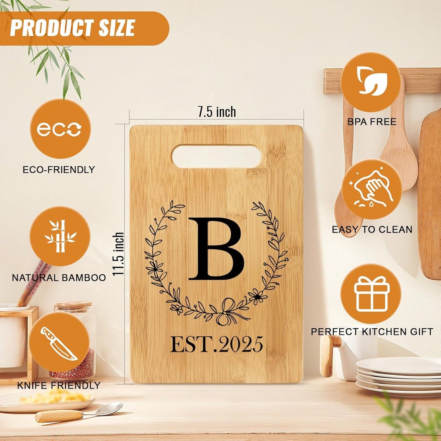 Personalized Cutting Board, Monogrammed Wedding Gift for Couple Newlywed 2025, Initial Birthday Gifts for Women, Gift for Bridal Shower Wedding Shower Engagement Anniversary Housewarming(Letter-B)
