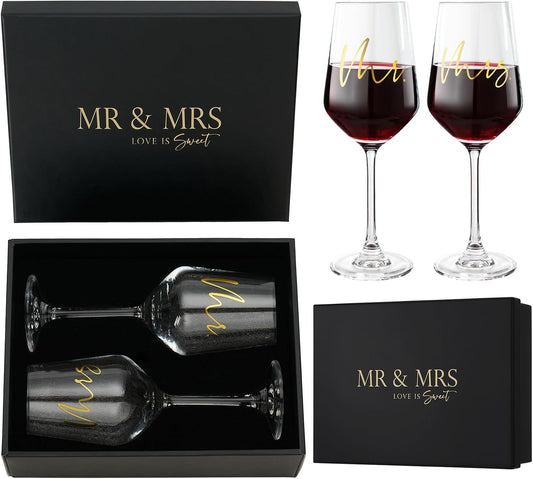 AW BRIDAL Mr and Mrs Wine Glasses Set of 2 for Engagement Bridal Shower, Wedding Gifts for Newlywed Couples 2025, Personalized Anniversary Wine Glass Gift Basket for Bride Groom and Fiance Fiancee