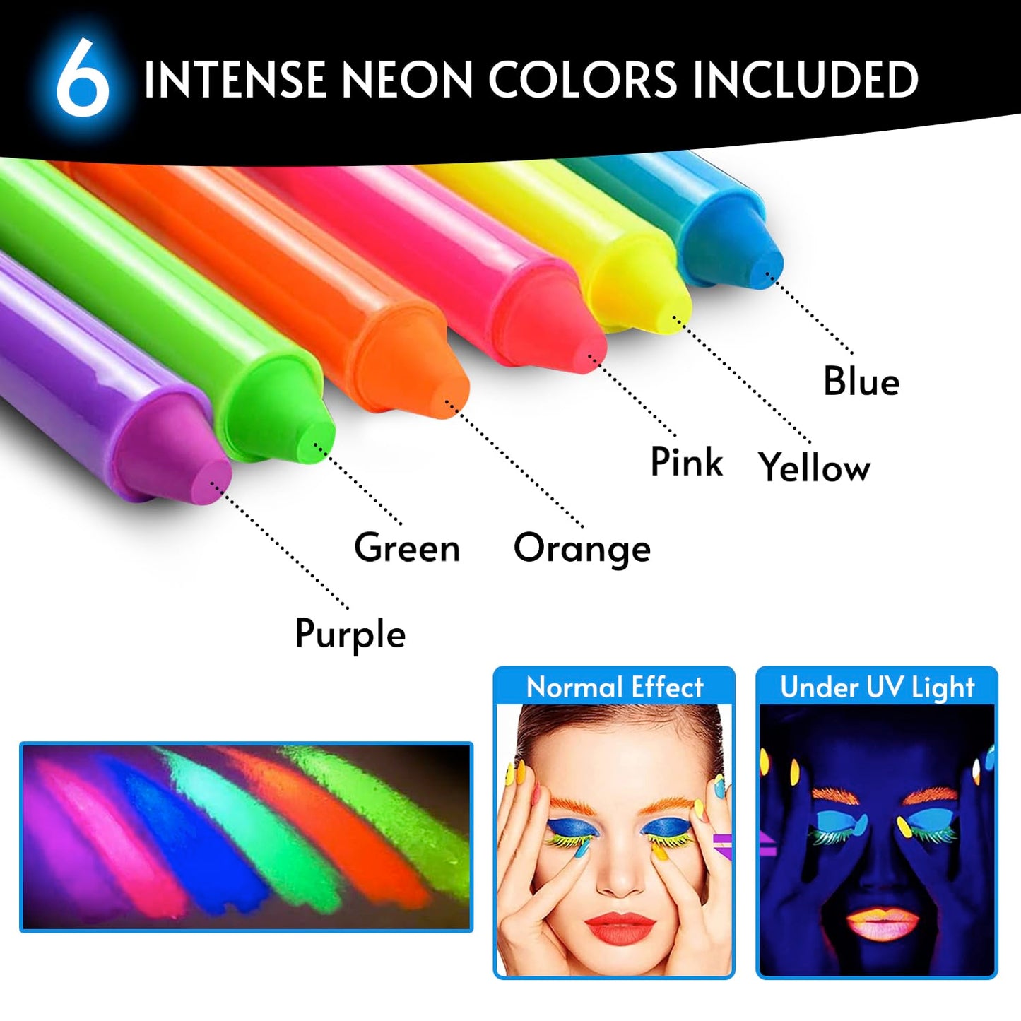Glow King Blacklight Reactive Crayons | Glow in the Dark Paint for Face and Body | Intense Luminous Sticks for Fluorescent Parties | Colorful UV Makeup Neon Gift | Glow Markers Accessories - 12 Pcs