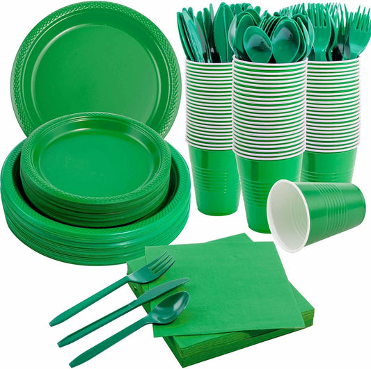 MirthMood 350pcs Green Party Supplies, Disposable Plates Set, Including Green Plastic Plates and Napkins, Plastic Cutlery and 12OZ Cups, Serve 50 Guests