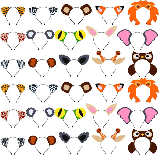 Kigeli 30 Pcs Jungle Animal Safari Ears Headbands for Hair Hoops Photo Booth Props One Birthday Halloween Favors