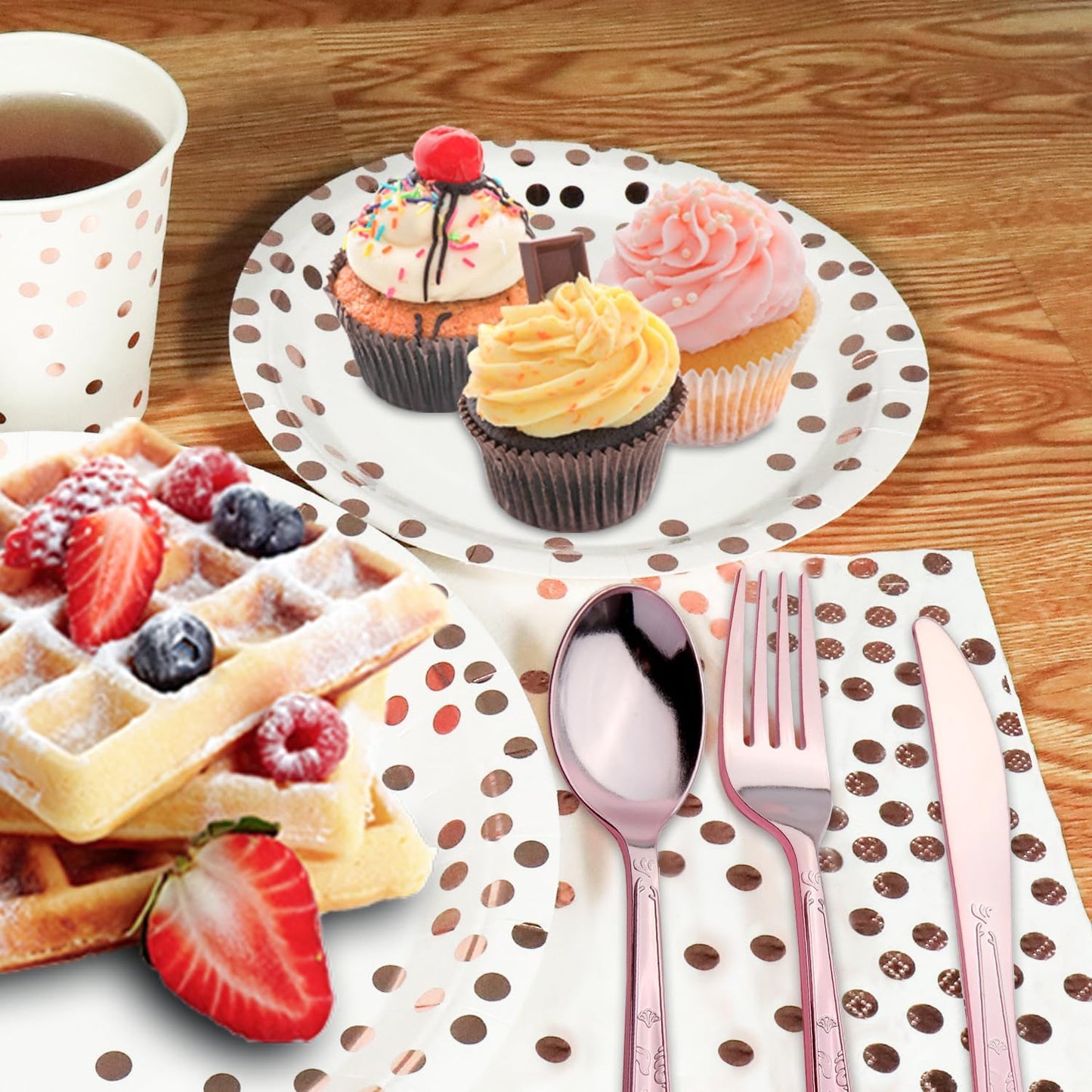 176 Pieces Rose Gold Disposable Party Dinnerware Set &Golden Dot Disposable Party Dinnerware - White Paper Plates Napkins Cups, Gold Plastic Forks Knives Spoons (25 Guests,176 Pieces)
