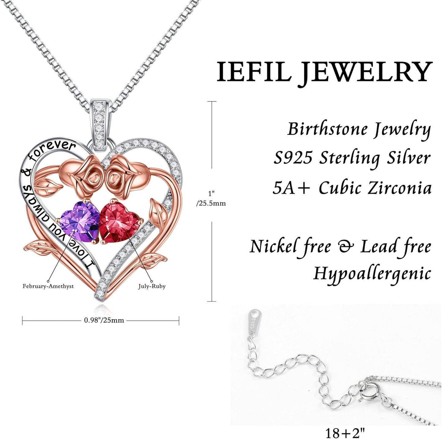 Iefil Rose Heart Double Birthstone Necklace Gifts for Wife Her Mom Women, Birthstone Jewelry Gemstone Birthday Gifts for Girlfriend Grandma Her Wife Women