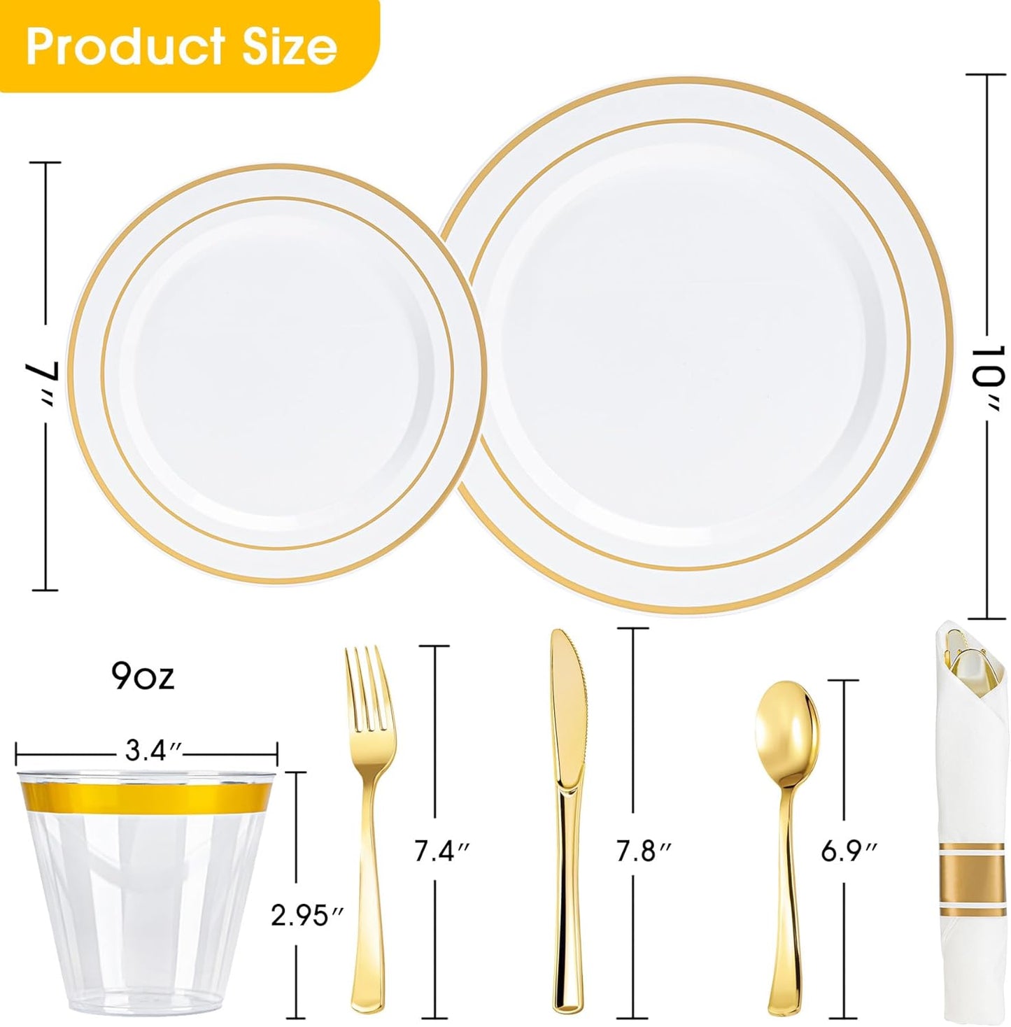 350 PCS White and Gold Plastic Dinnerware Set for 50 Guests, 100 Thanksgiving Disposable Plates for Party, 50 Pre Rolled Napkins with Gold Silverware, 50 Cups