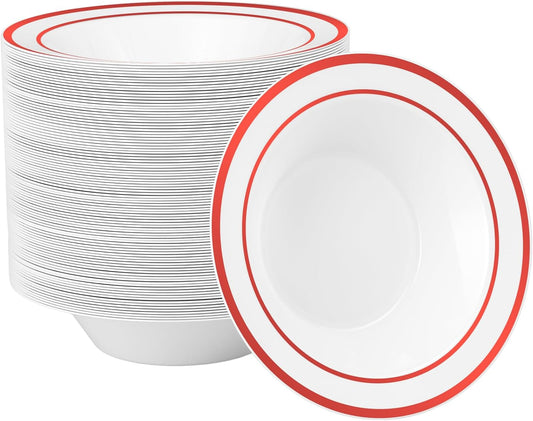Goodluck 100 Pack Plastic Bowls with Red Rim, 12oz Disposable Soup Bowls, Heavy Duty Dessert Bowls for Weddings, Parties, Christmas Dinners, Catering, Thanksgiving and Everyday Use