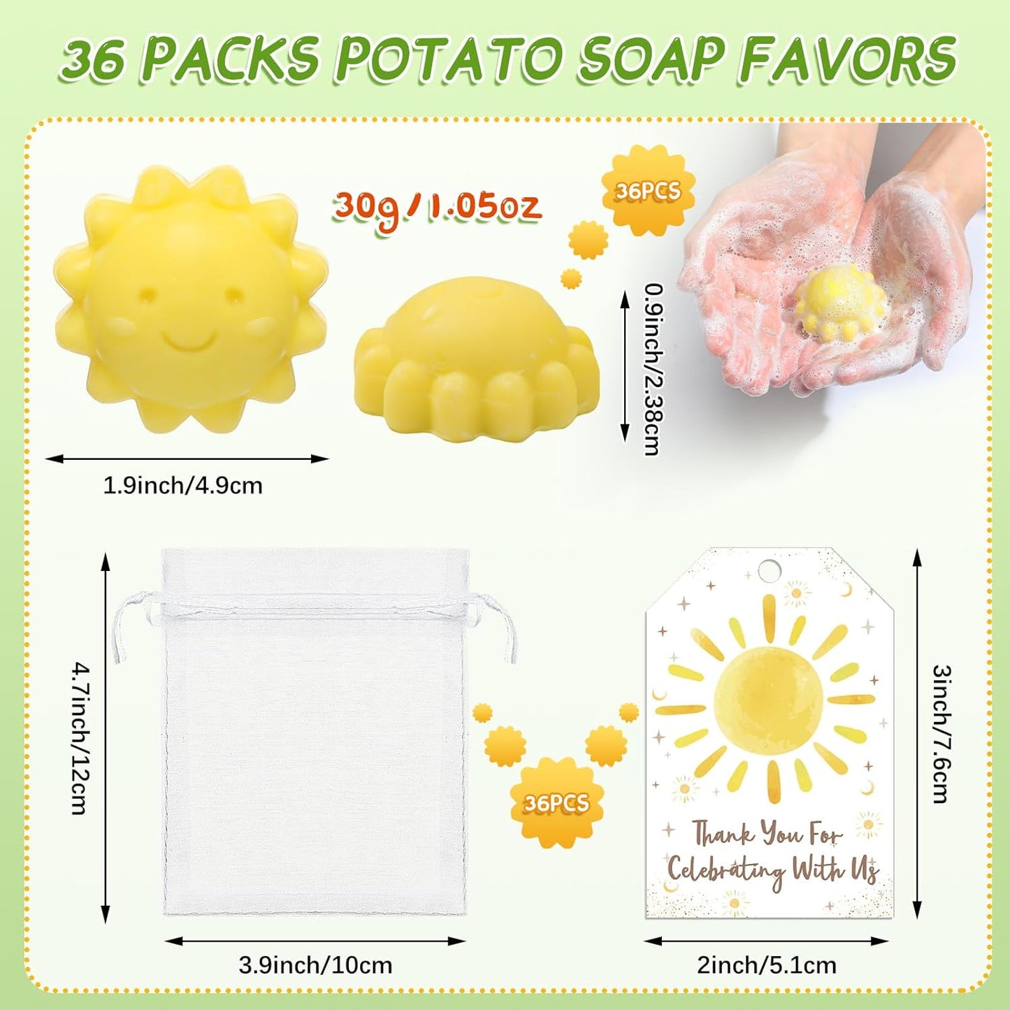 Loopeer 36 Sets Sun Soaps for Baby Shower Party Favors Mini Handmade Sunshine Soap Gifts with Thank You Card for Guest Gender Reveal Party Decor(Yellow)