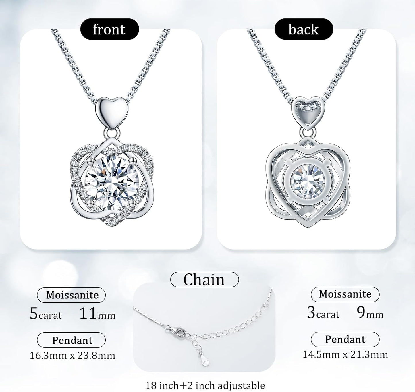 InfinityLove Heart Necklaces for Women, 5-3 Carats Moissanite, Sterling Silver Pendant Jewelry, Anniversary Birthday Gifts for Wife, Girlfriend, Daughter, Mom