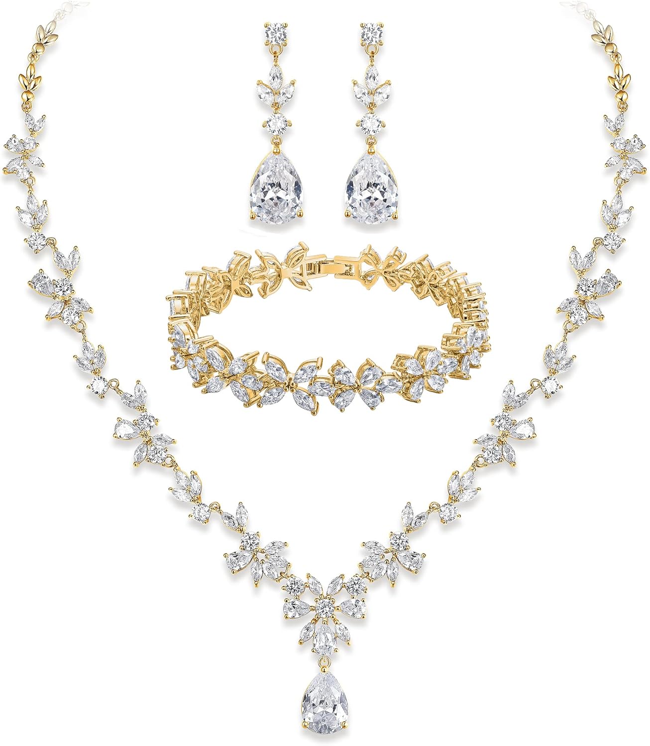 Crysdue Wedding Jewelry Set for Women, Floral Leaf Vine Teardrop Necklace Dangle Earrings Bracelet and Hair Comb, Cubic Zirconia Elegant Party Prom Jewellery for Bridal Bridesmaid