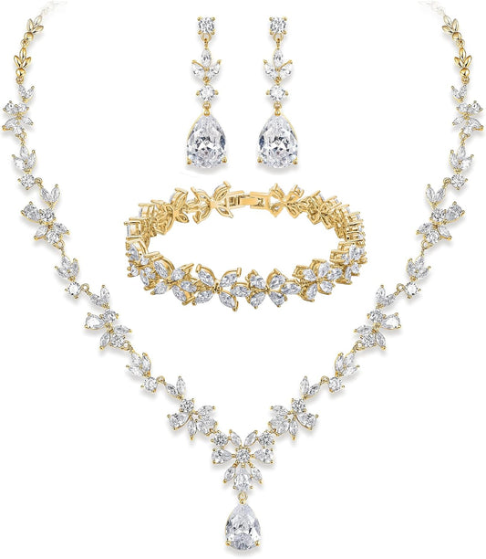 Crysdue Wedding Jewelry Set for Women, Floral Leaf Vine Teardrop Necklace Dangle Earrings Bracelet and Hair Comb, Cubic Zirconia Elegant Party Prom Jewellery for Bridal Bridesmaid