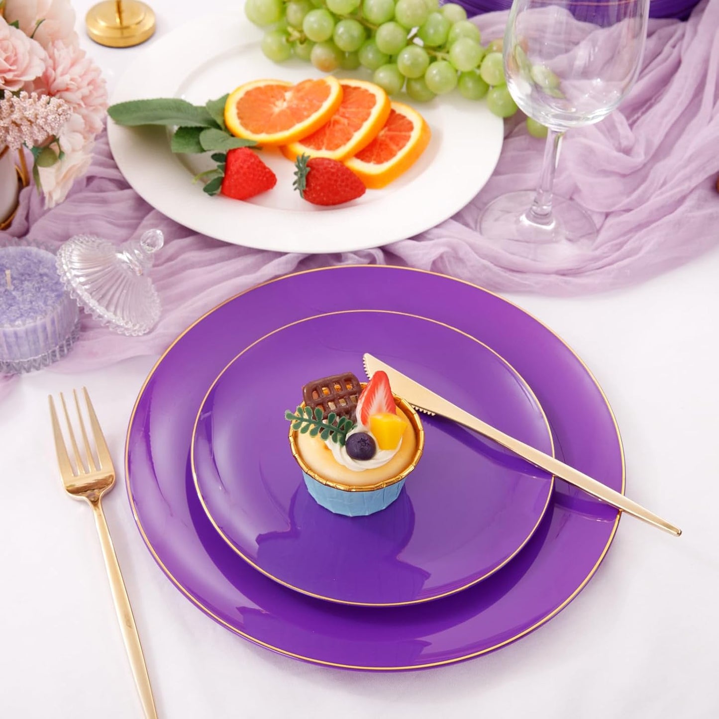 PULOTE 100PCS Purple Plastic Plates - Purple and Gold Disposable Include 50 Each (10.25 Inch Dinner & 7.5 Inch Dessert) Plates, Ideal for Halloween Party