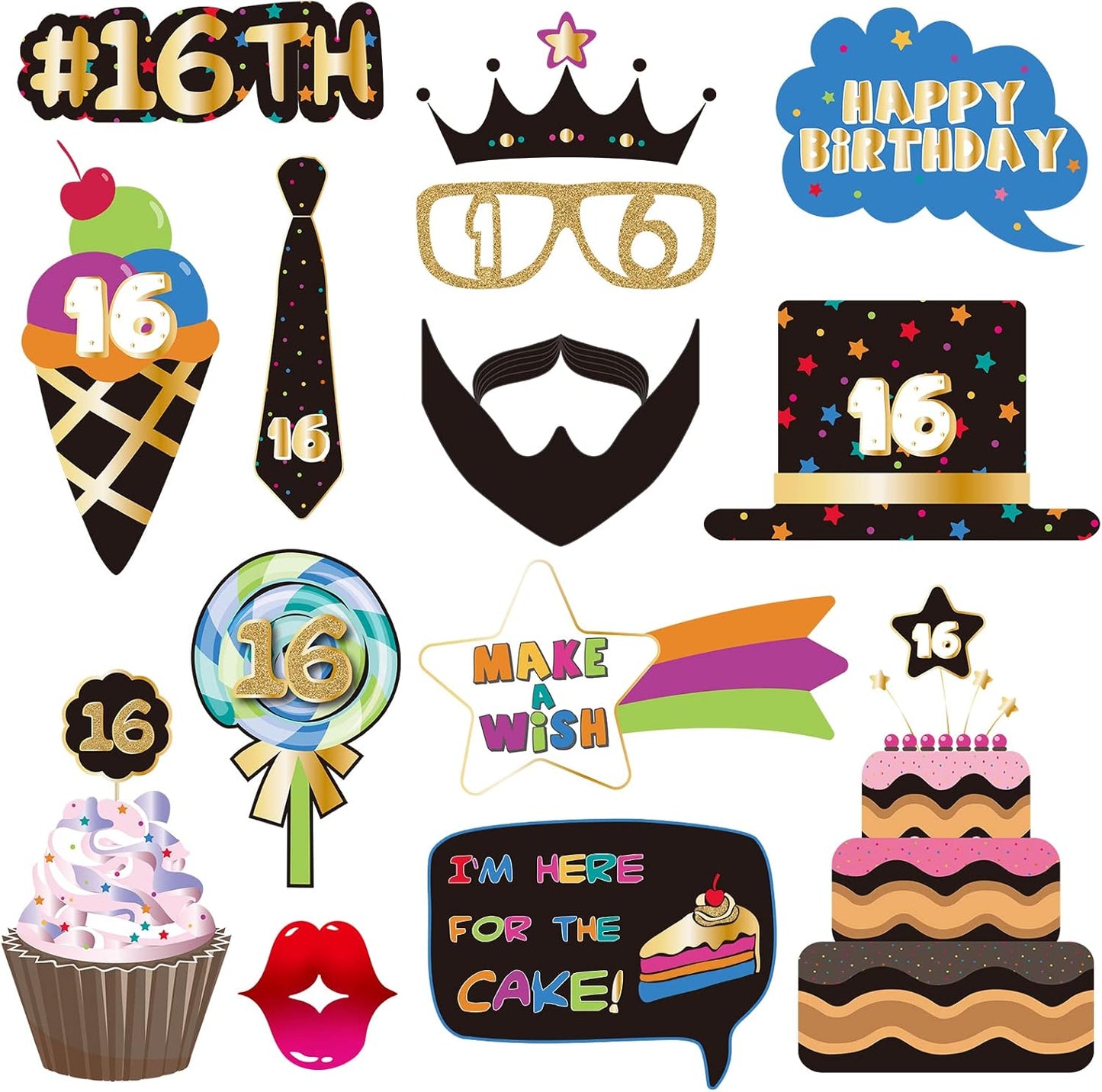 BRT Bearingshui Sweet 16 Photo Booth Props Accessories, Birthday Party Decoration, 40pcs Cardstock Photo Booth Props Kit with Sticks & Adhesive Pads