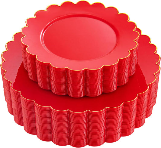 LIYH 60 Pcs Red Scalloped Plastic Christmas Plates with Gold Edge - Red Disposable Plates with Gold Rim Includes 30 Dessert & 30 Dinner Plate Dishes Tableware for Party Christmas Day
