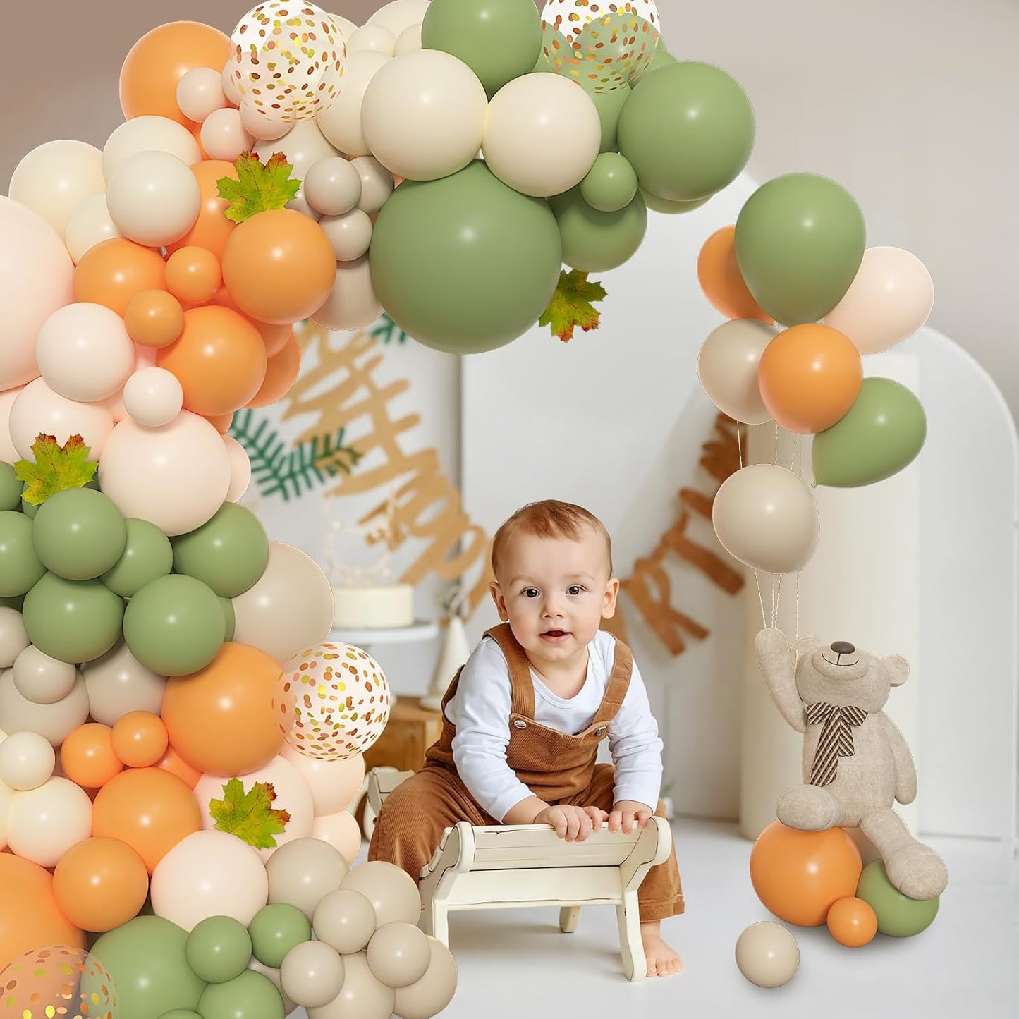 Amandir 153pcs Green Orange Balloon Garland Arch Kit, Different Sizes 18 12 10 5 inch Sage Green White Sand Latex Confetti Fall Balloons for a Little Cutie is on the Way Baby Shower Party Decoration