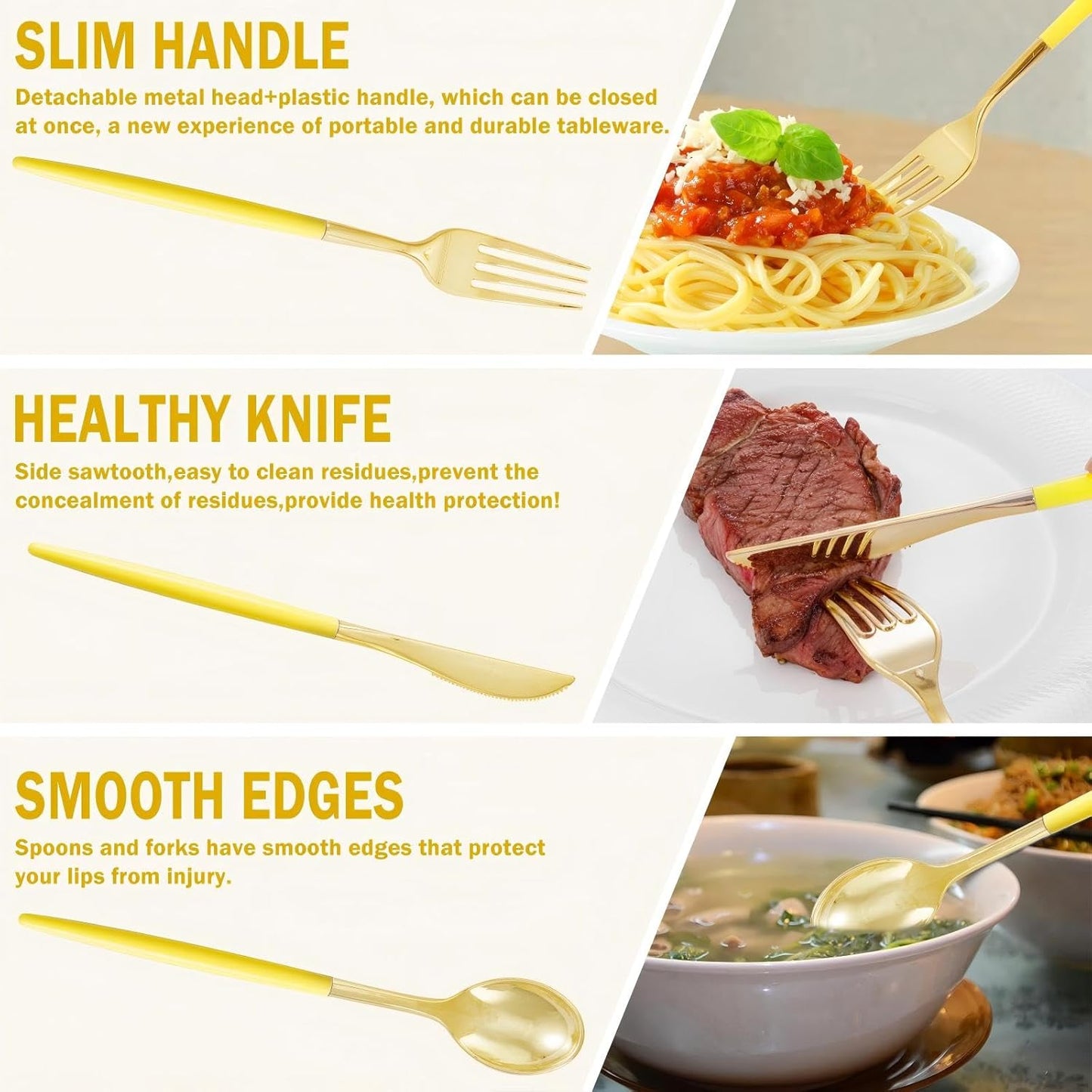 Supernal 102Pcs Gold Plastic Silverware, Gold Disposable Utensils with Yellow Handle, Yellow Plastic Silverware Heavy Duty Include 34 Forks, 34 Knives and 34 Spoons Perfect for Party, Mother's Day