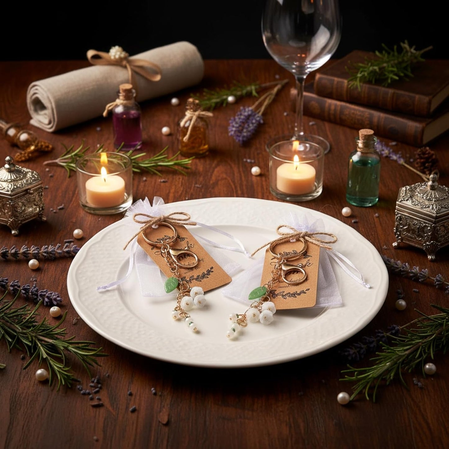 20 Set Christmas Flower Keychain Party Favor Lily of The Valley Keychain Thank You Keyring Gifts with Kraft Tags Organza Bag for Guests Souvenir Baby Shower Wedding Bridal