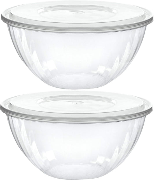 PLASTICPRO Disposable 48 Ounce Round Crystal Clear Plastic Serving Bowl With Lid - Party Snack or Salad Container, Chip and Candy Dish - Pack of 8