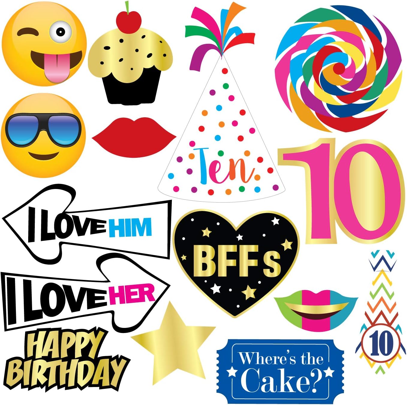10th Birthday Photo Booth Party Props - 40 Pieces - Funny 10th Birthday Party Supplies, Decorations and Favors