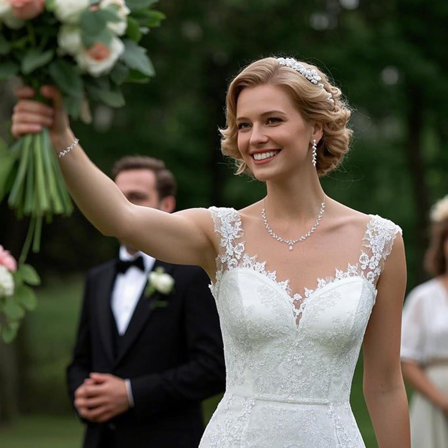 BriLove Wedding Bridal Jewelry for Women Cubic Zirconia Marquise Teardrop Leaf Cluster Y-Necklace Dangle Earrings Link Bracelet Set