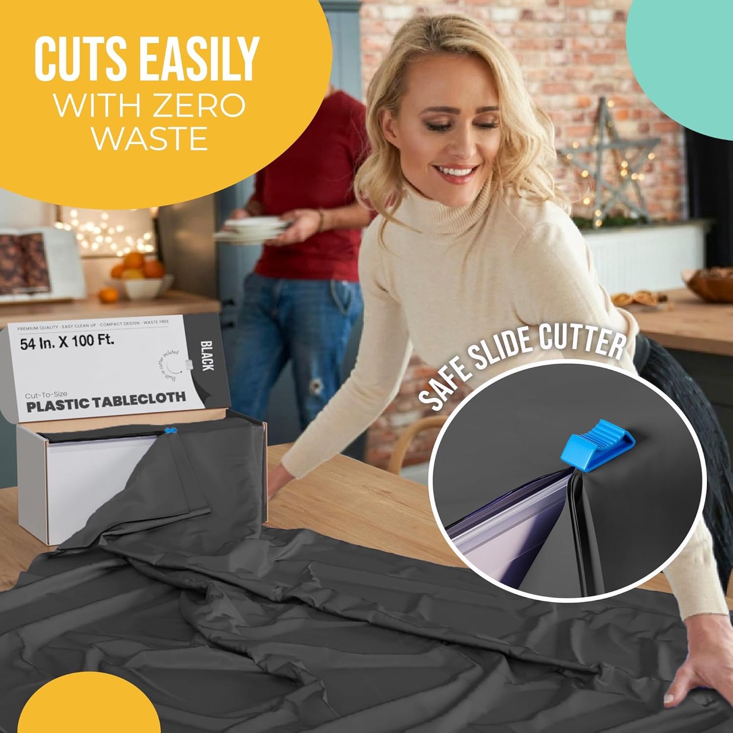 Party Solids 54 Inch X 100 Feet Black Plastic Table Cover Roll in A Cut - to - Size Box with Convenient Slide Cutter. Cuts Up to 12 Rectangle 8 Feet Plastic Disposable Tablecloths