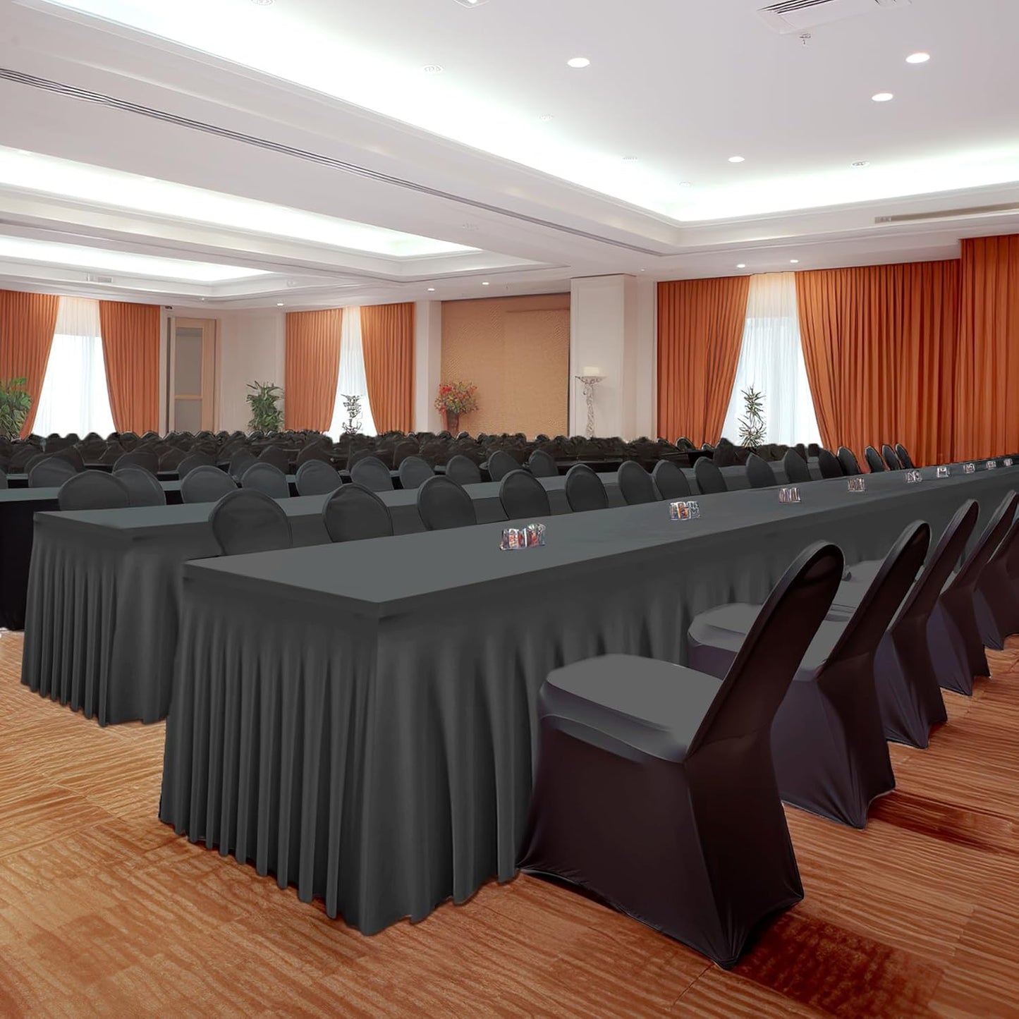 4 Packs Black Table Clothes for 8 Foot Rectangle Tables, One-Piece Wrinkle Resistant Stretch Spandex Table Covers with Skirt for Event Banquet Wedding Birthday Party