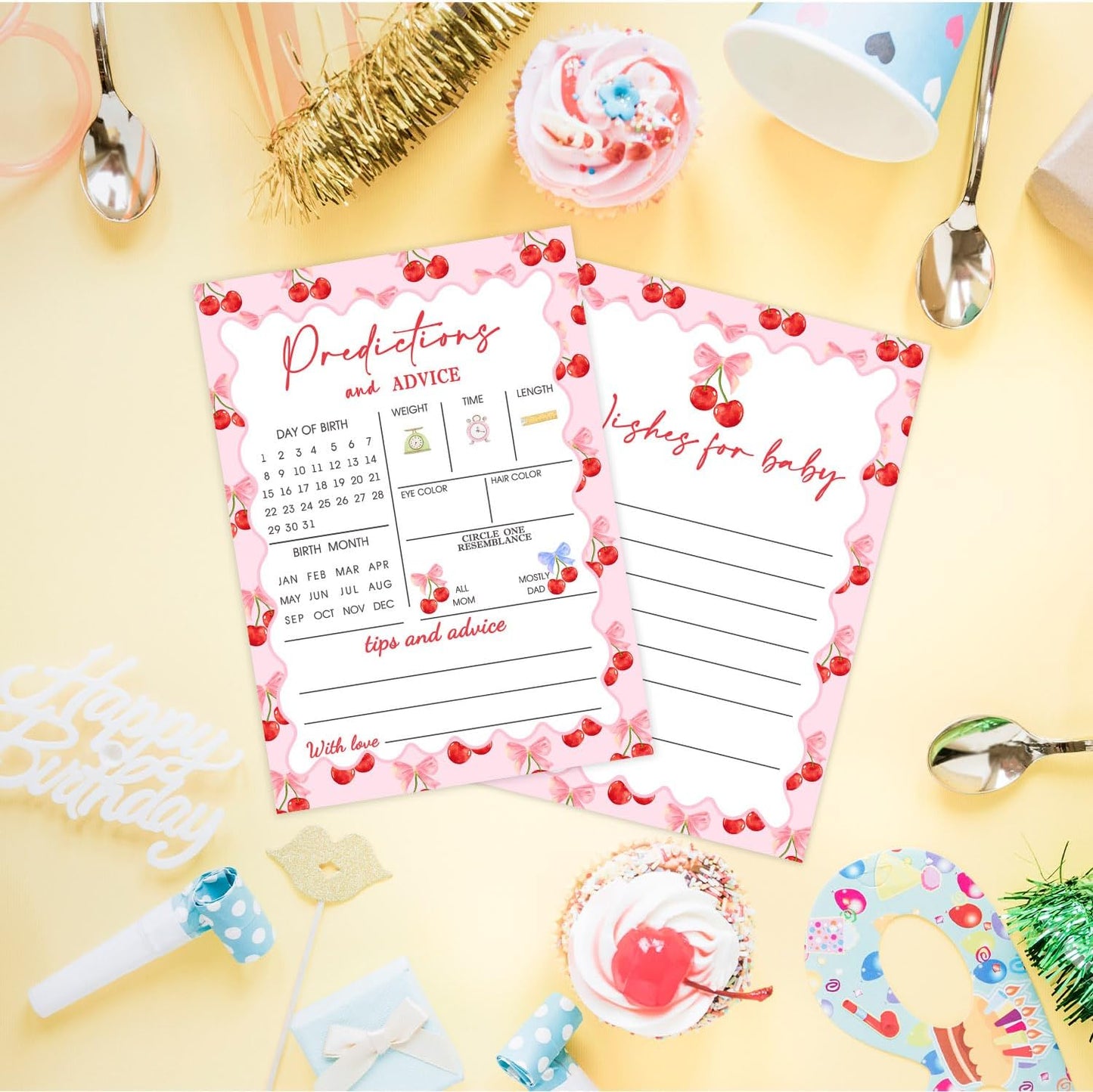 30 Pcs Cherry Baby Shower Games, Baby Predictions & Advice Cards for Baby Shower Game Activity, Cute Cherry Wishes Cards, Memorial Advice for New Parents to Be, Wishes Game Card for Baby Party Decor