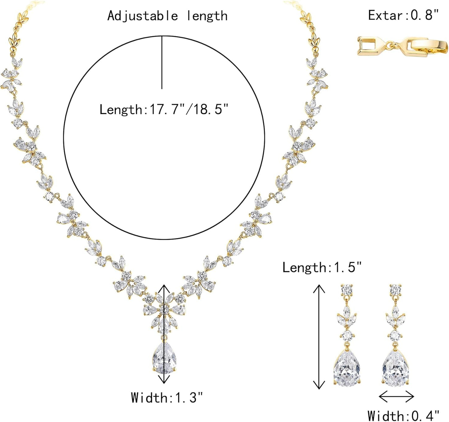 Crysdue Wedding Jewelry Set for Women, Floral Leaf Vine Teardrop Necklace Dangle Earrings Bracelet and Hair Comb, Cubic Zirconia Elegant Party Prom Jewellery for Bridal Bridesmaid