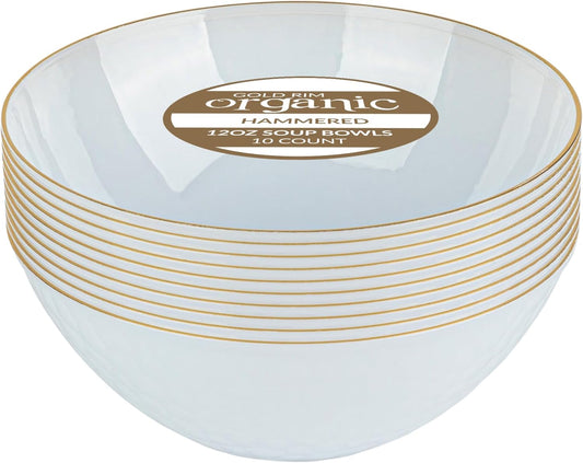 PLASTICPRO 30 Pack 12 Ounce Hammered Plastic Bowls Translucent White with Gold Rim Heavyweight Disposable Plastic Soup Bowls Elegant Translucent Hammered Gold Rim Platsic Party Dishes