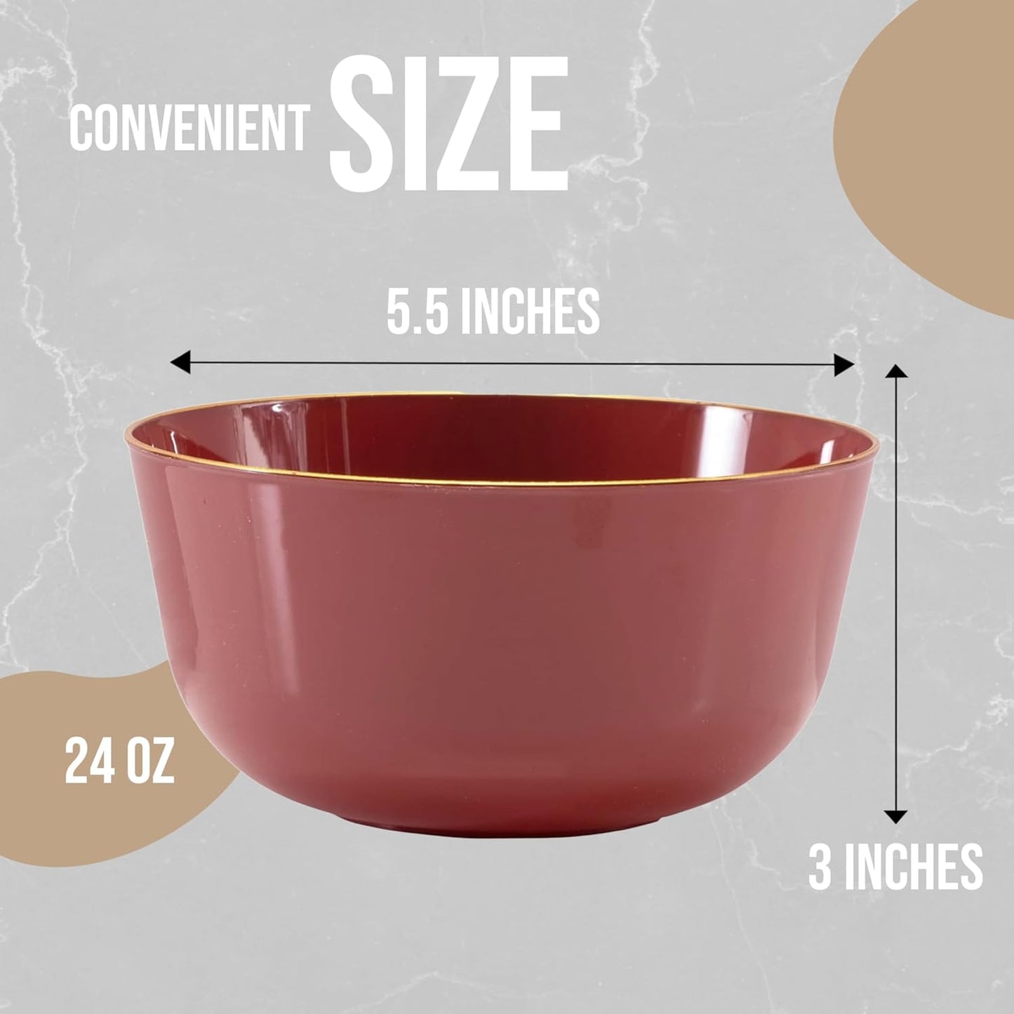 Trendables Plastic Bowls Disposable Set of 10 - 24 Oz Burgundy Gold Rimmed Fancy Serving Bowls