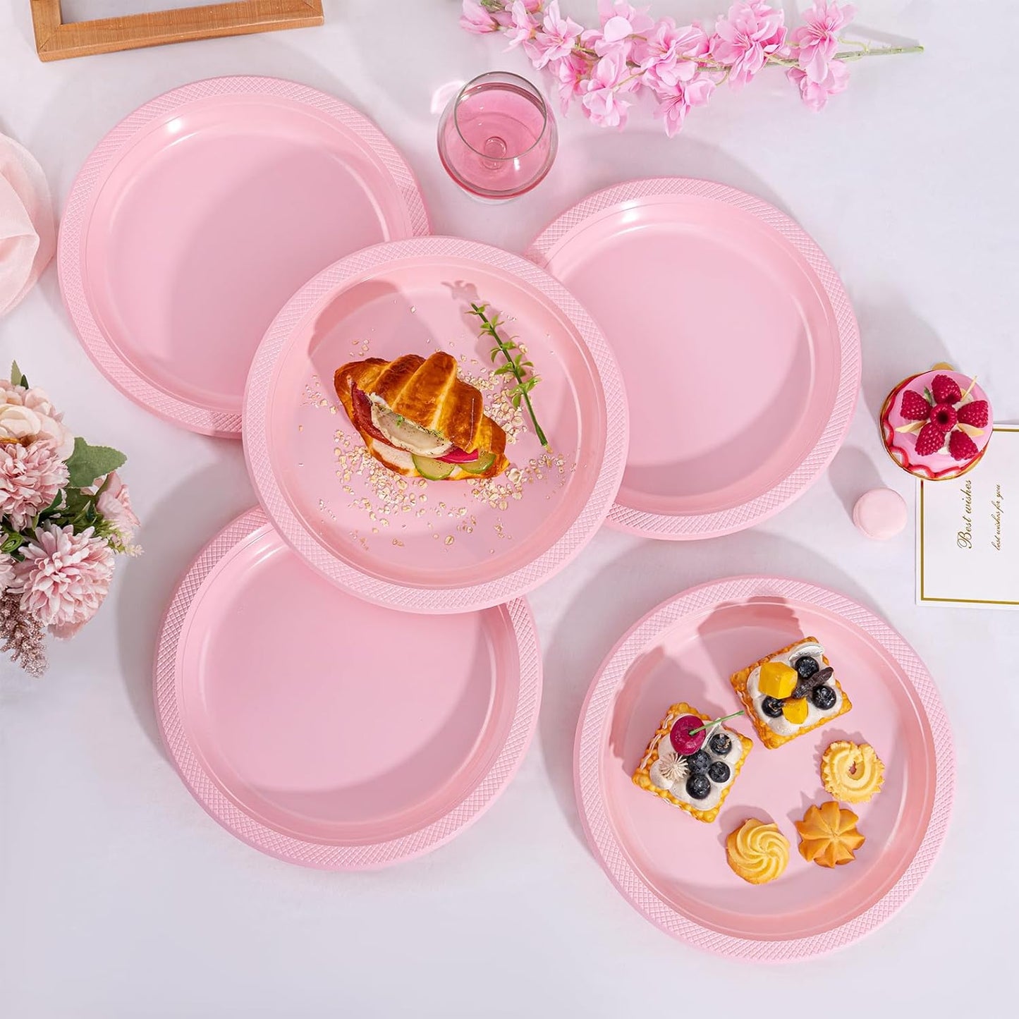 WELLIFE Pink Plastic Plates 10 Inch -150 Count for Party, Disposable Plastic Party Plates for Easter Mother's Day Baby Shower Dinner Dessert Cake Light Pink