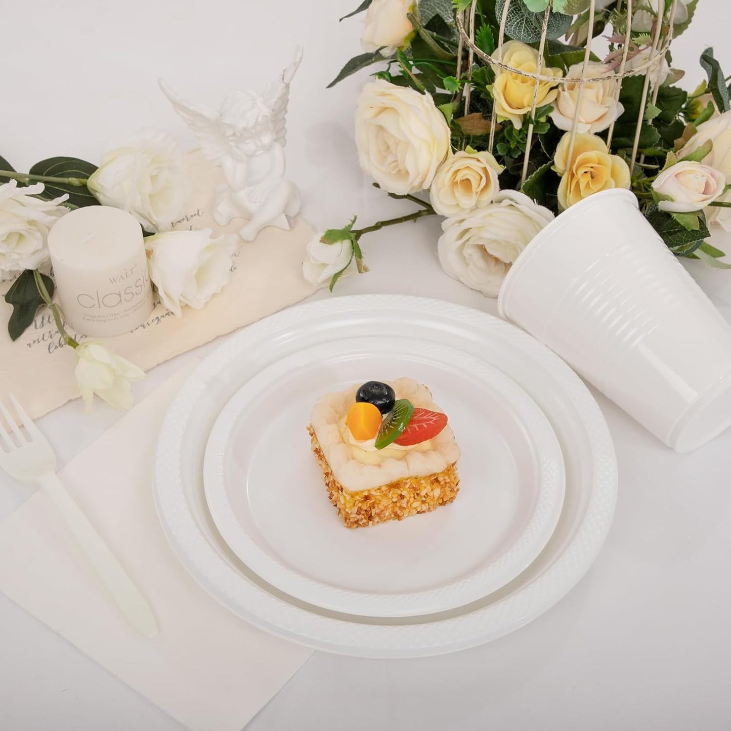 WELLIFE 210 Pieces White Party Supplies, White Plastic Dinnerware Set, Including Plates, 12OZ Cups, Plastic Cutlery and Paper Napkins Serve 30 Guests for Party