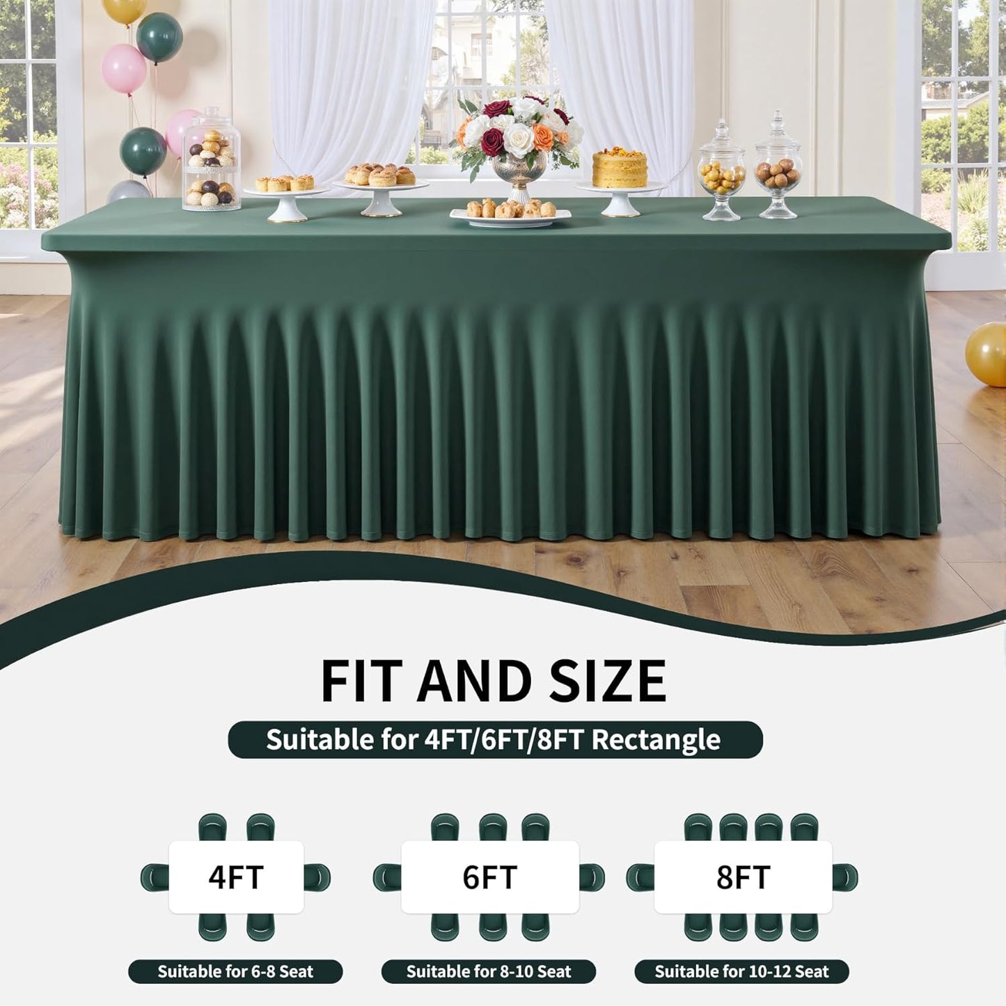 Outpain Hunter Green Spandex Table Clothes for 6 Foot Rectangle Tables-6Pack 6FT Spandex Fitted Table Cover, Wrinkle Free Tablecloths with Skirt for Parties, Wedding, Birthday, Banquet, Festival