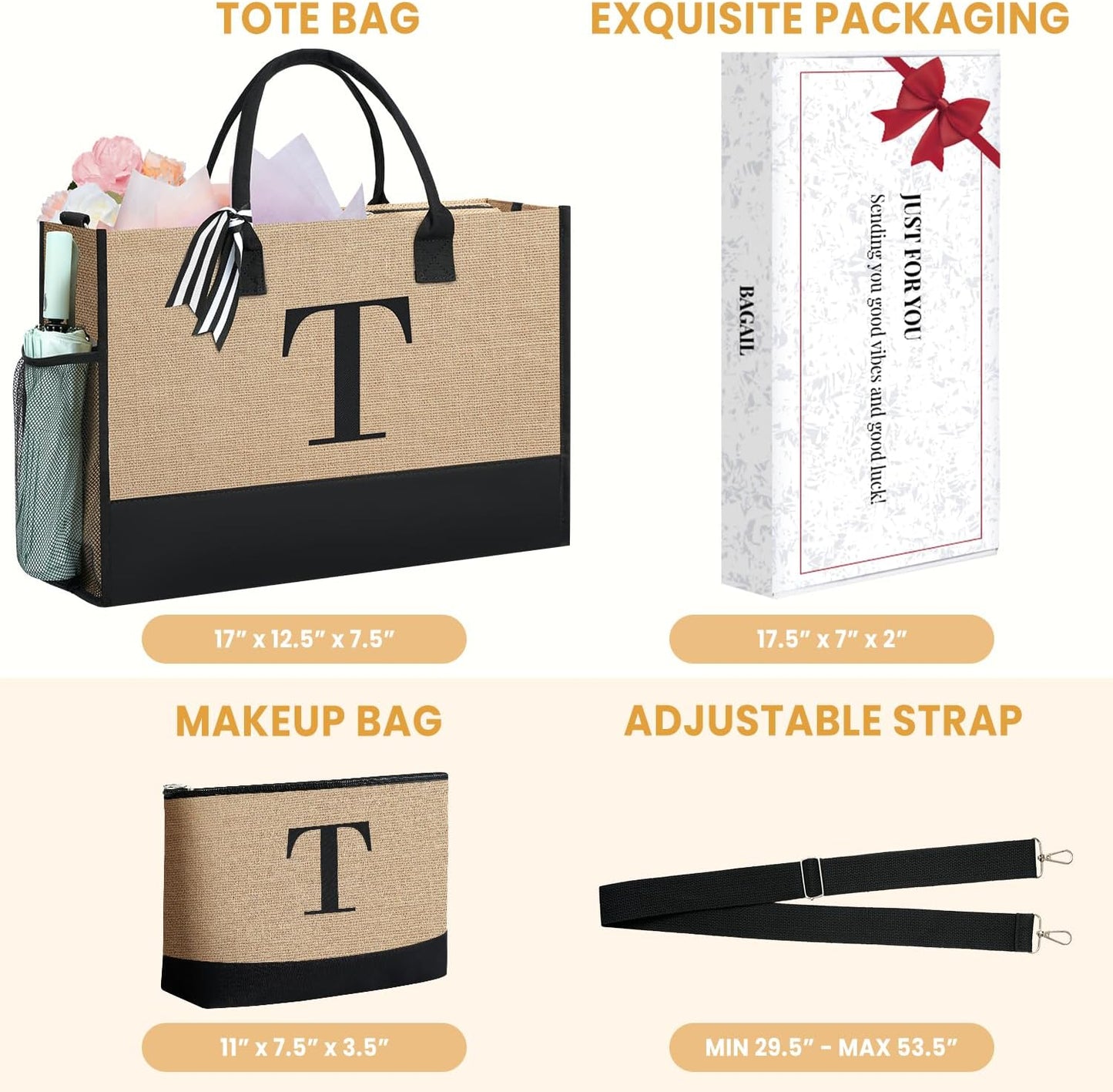 BAGAIL Initial Tote Bag, Personalized Birthday Gifts for Women, Teacher, Friends, Mom, Wedding, Monogrammed Beach Bag