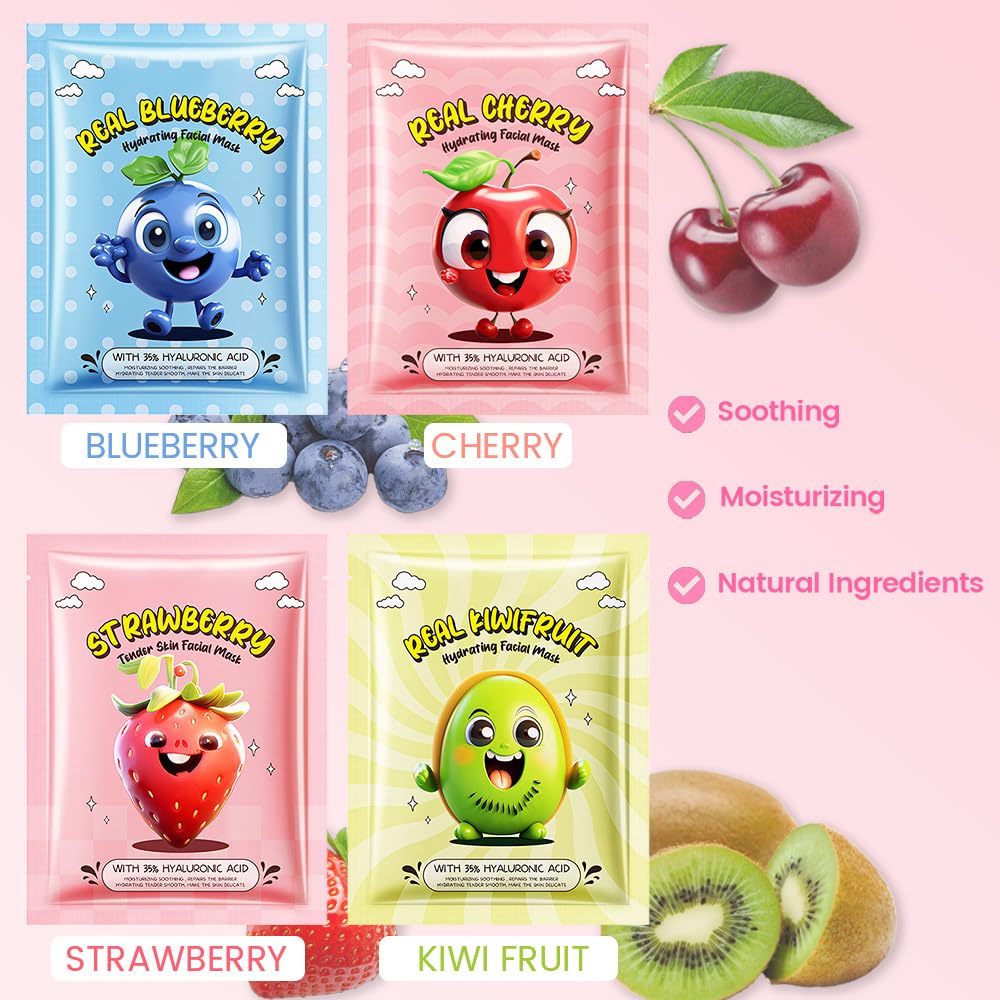 Kaely 12 Pack Fruit Face Masks for Kids, Kids Face Mask Spa Day Kit Supplies, Spa Party Favors for Teens Girls Women, Sheet Facial Mask Skincare Gifts Set, Moisturize Soothe for All Skin Types, 01