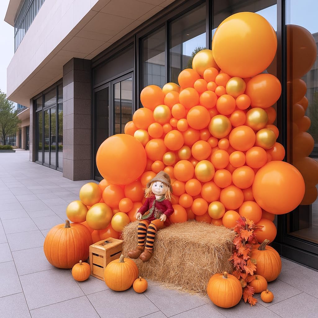 Orange Balloons, 150 pcs Different Sizes Pack of 18 Inch 12 Inch 10 Inch 5 Inch Fall Balloon Arch Kit Garland for Thanksgiving Halloween Little Cutie Baby Shower Birthday Party Decorations