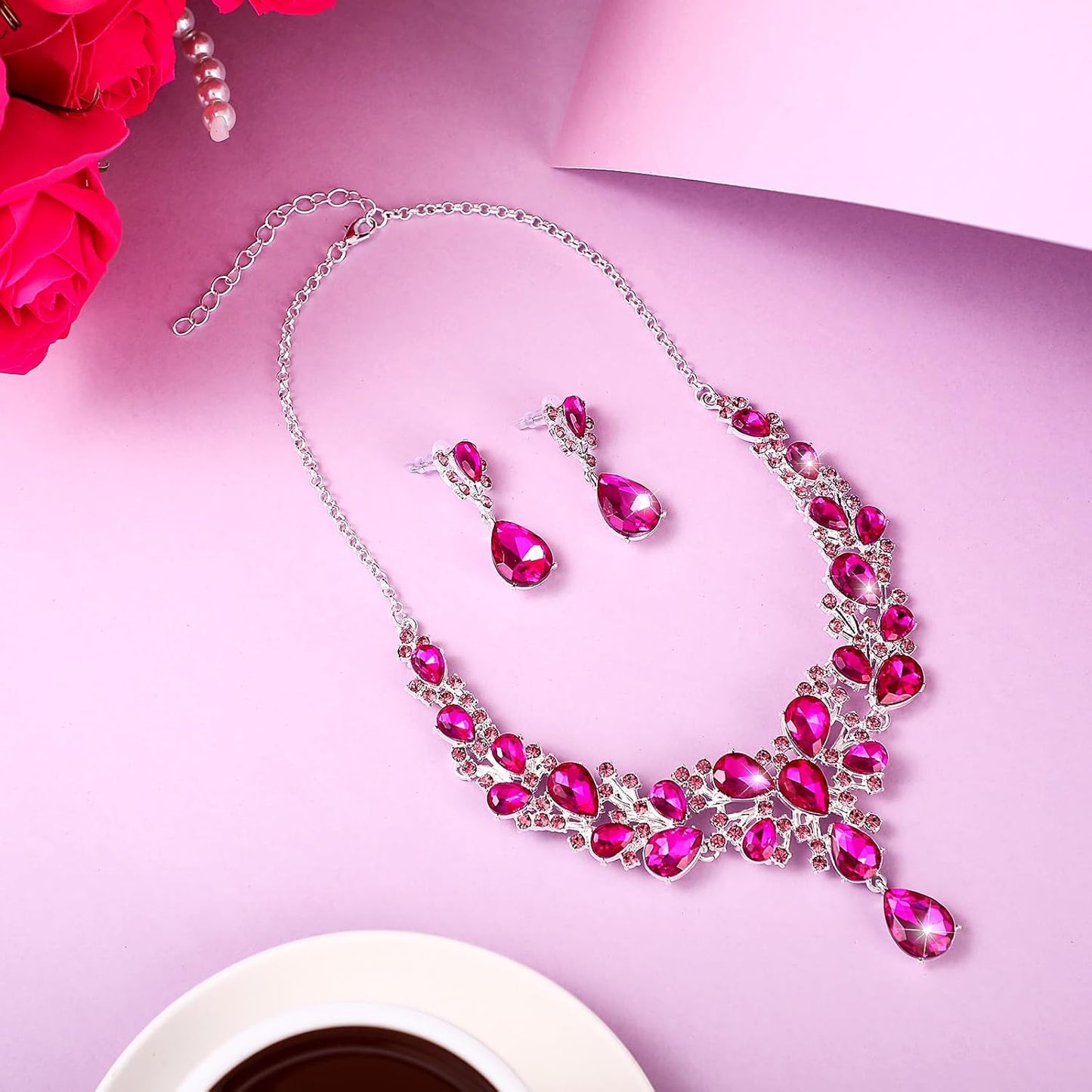 Hicarer Bridal Teardrop Cluster Crystal Jewelry Set for Women Necklace Earrings Wedding