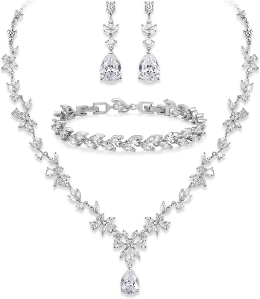 Crysdue Wedding Jewelry Set for Women, Floral Leaf Vine Teardrop Necklace Dangle Earrings Bracelet and Hair Comb, Cubic Zirconia Elegant Party Prom Jewellery for Bridal Bridesmaid