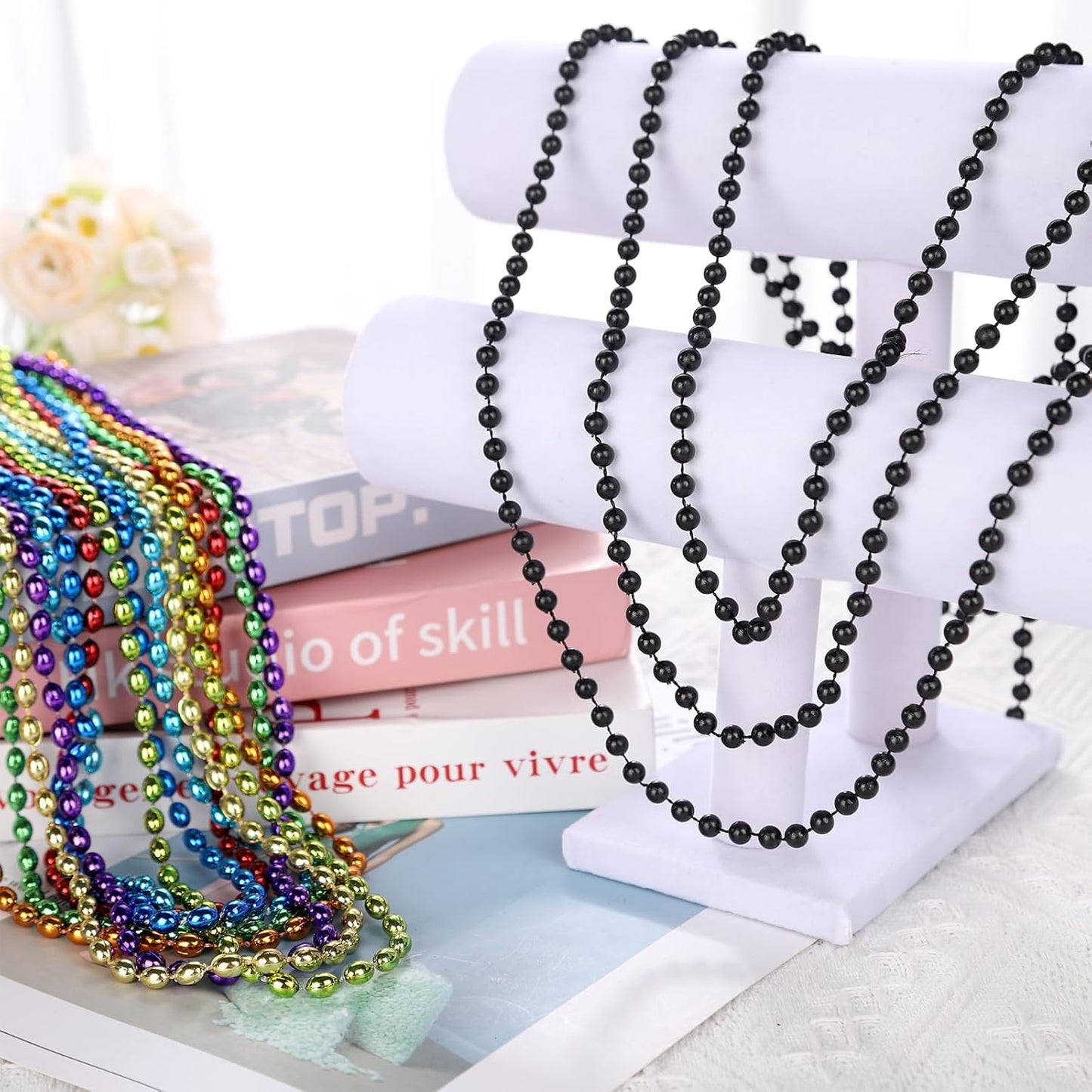 48 Pack Mardi Gras Beads Necklaces, 33 Inch Plastic Beads for Party Favors, Festival Decorations, Parade Throws, Christmas, St. Patrick's Day Celebrations