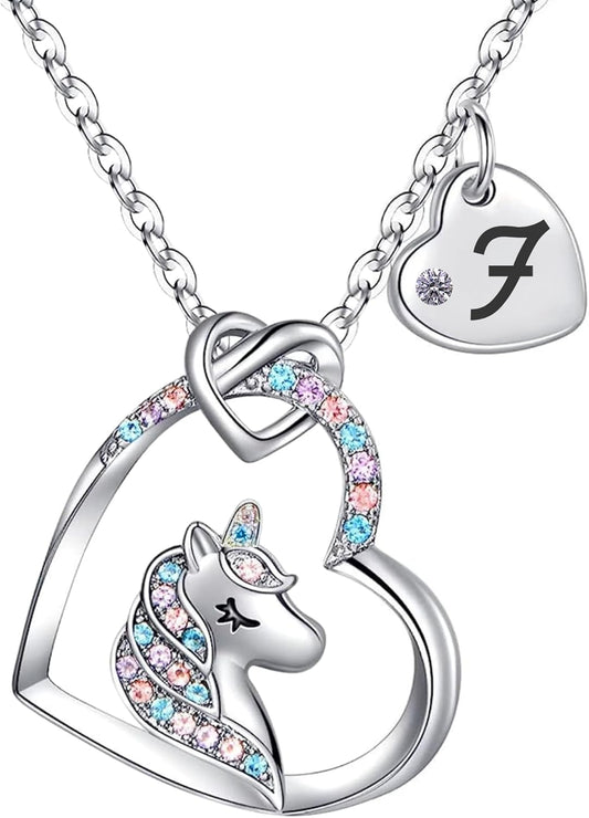 Unicorn Necklace for Girls Kids with Personalized Initial Heart Pendant, 18K Gold Fashion Jewelry for Girls, Colorful Heart Necklace for Birthday Gifts.