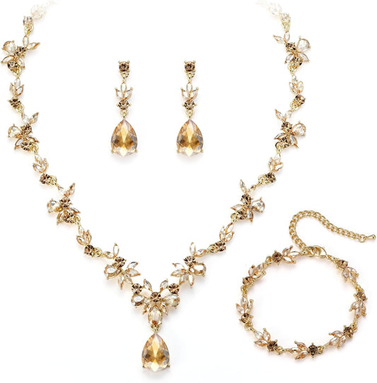 BriLove Wedding Jewelry Set for Women Bride, Y-Necklace Tennis Bracelet Dangle Earrings Crystal Teardrop Marquise Cluster for Bridal Bridesmaid